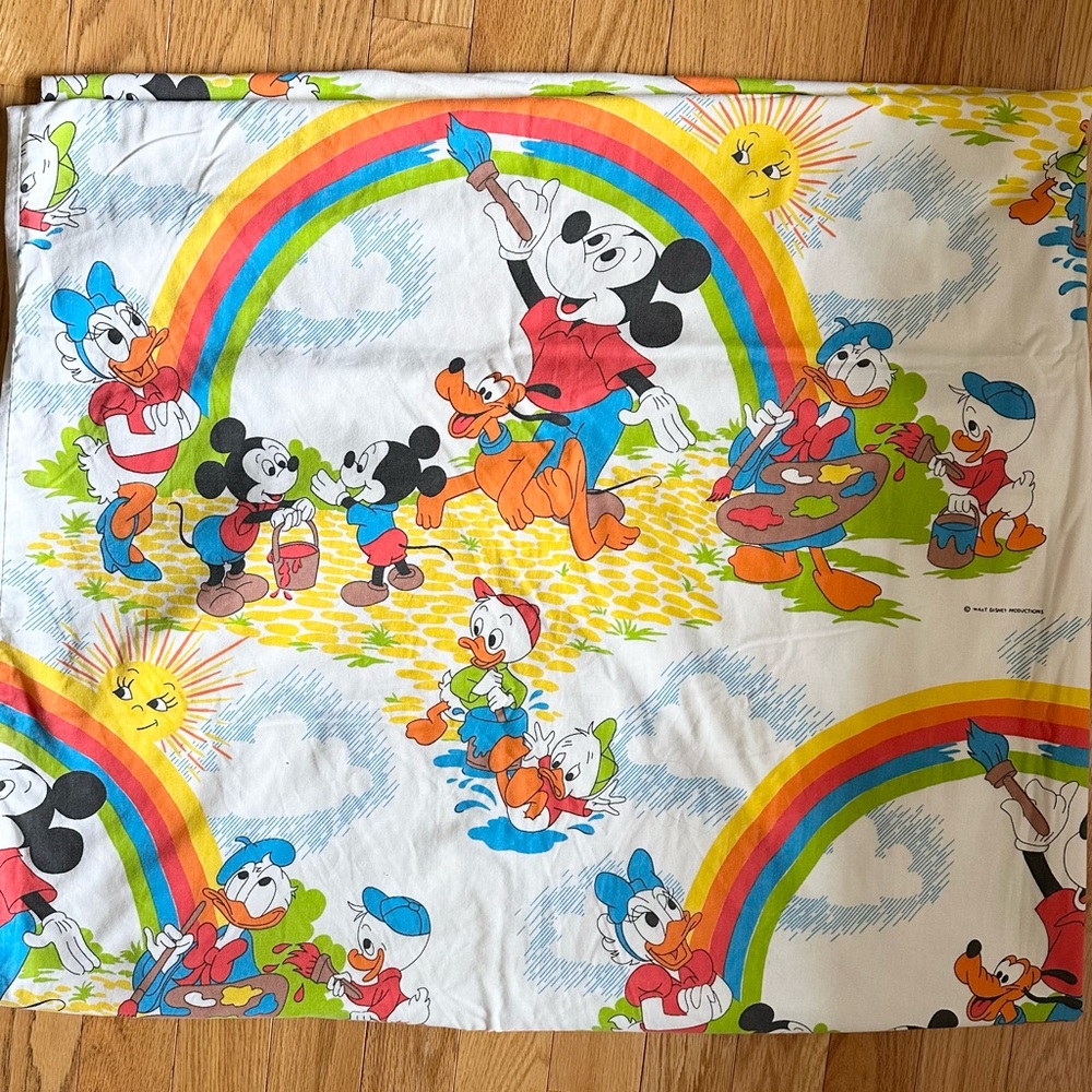 Vintage 80s Disney Mickey Mouse & Friends Painting Rainbow TWIN DUVET COVER Rare - Picture 2 of 5